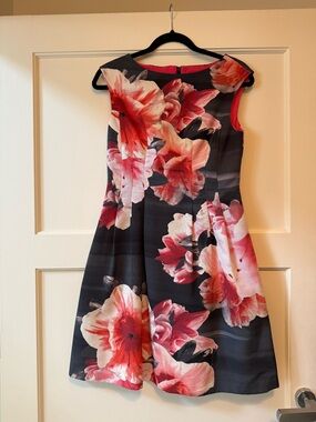 Vince Camuto Black and Hot Pink Floral Lined Dress